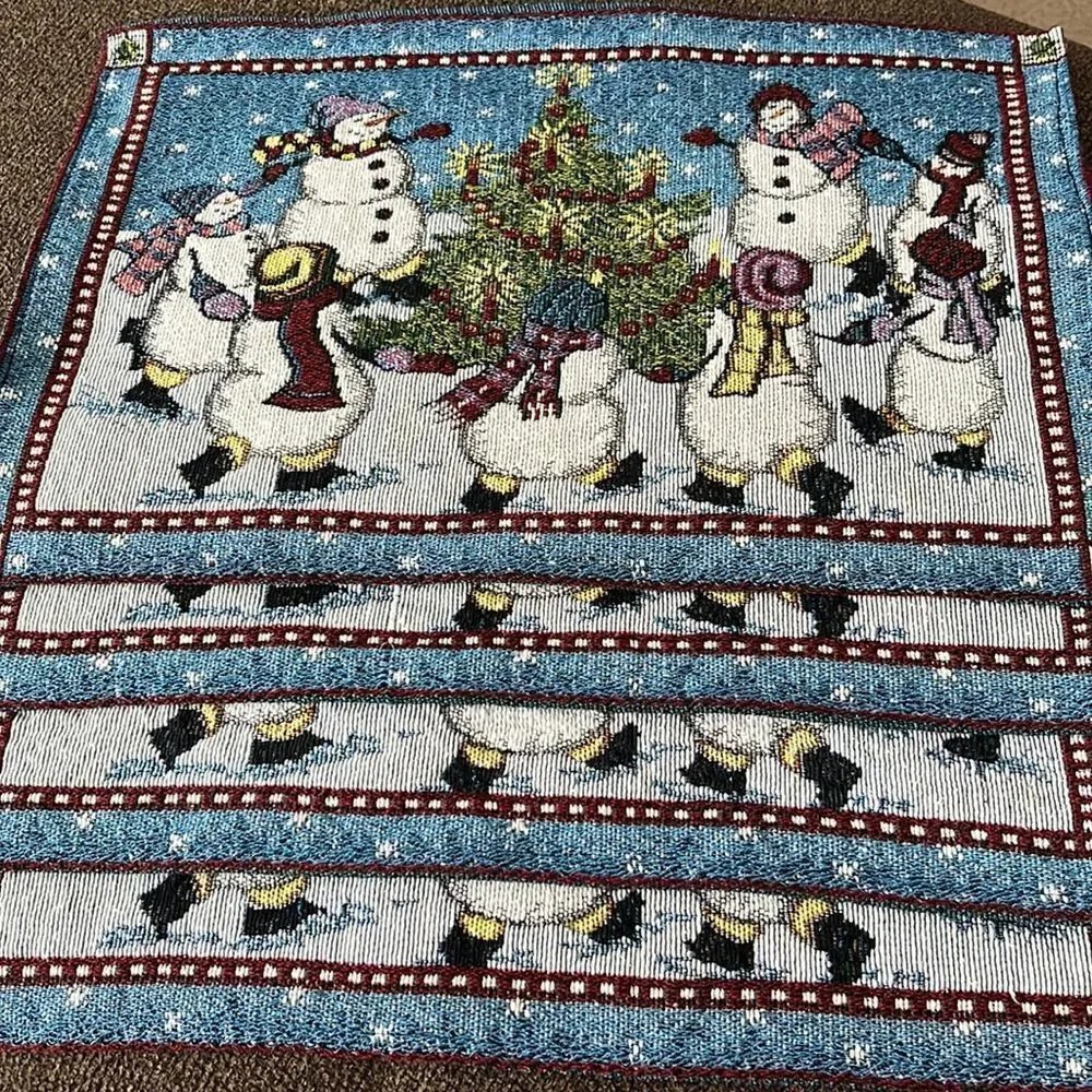 Set (4) Tapestry Design Rectangle Placemats Snowmen Dancing with Christmas Tree